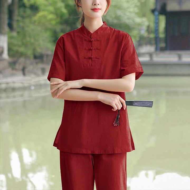 Buddha Stones 2Pcs Women's Short Sleeve Shirt Top T-Shirt Pants Meditation Zen Tai Chi Cotton Linen Clothing Set - Burgundy(Top&Pants) - US18，UK/AU22，EU50 (6XL) - image 8