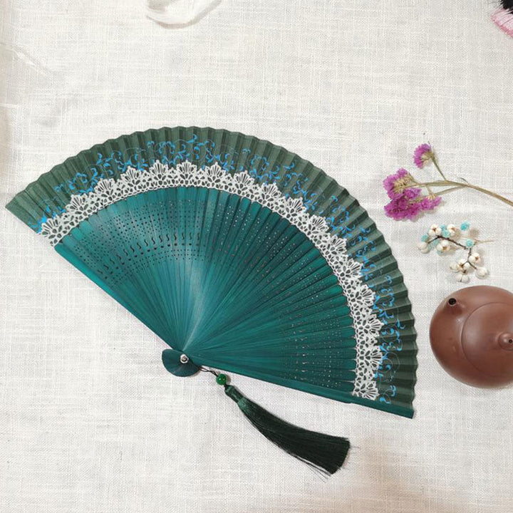 Buddha Stones Simple Hollow Engraved Handheld Bamboo Folding Fan - Dark Green 22cm - image 0