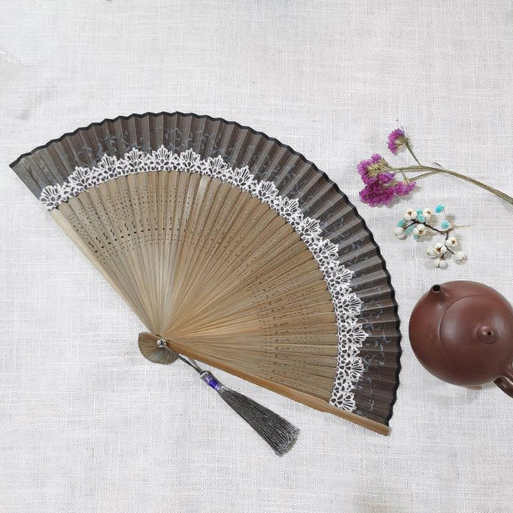Buddha Stones Simple Hollow Engraved Handheld Bamboo Folding Fan - Brown 22cm - image 2
