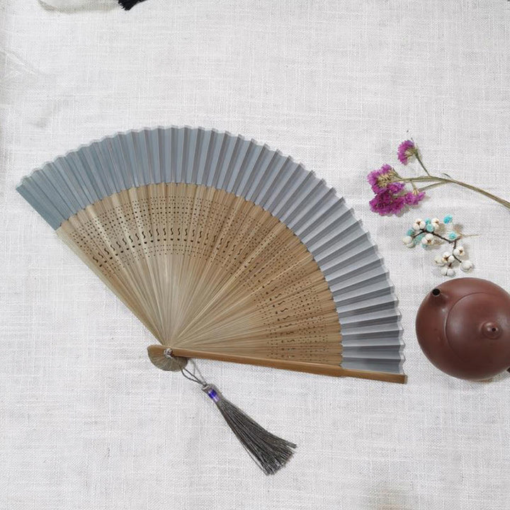 Buddha Stones Simple Hollow Engraved Handheld Bamboo Folding Fan - Gray 22cm - image 11