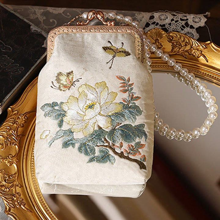 Buddha Stones Small Flowers Butterfly Embroidered Pearl Metal Chain Shoulder Bag Crossbody Handbag Cellphone Bag - image 1