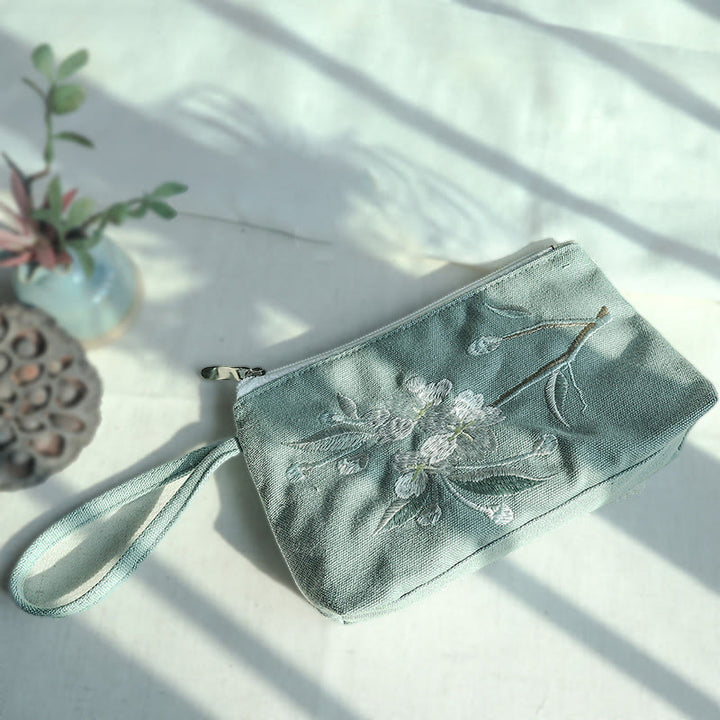 Buddha Stones Small Flower Plum Cherry Crane Peach Blossom Embroidery Canvas Wallet Shopping Purse - Green Pear 21*13cm - image 0