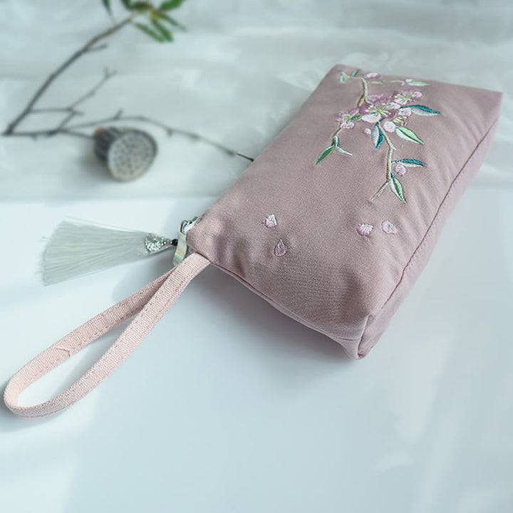 Buddha Stones Small Flower Plum Cherry Crane Peach Blossom Embroidery Canvas Wallet Shopping Purse - Pink Peach Blossom 21*13cm - image 23