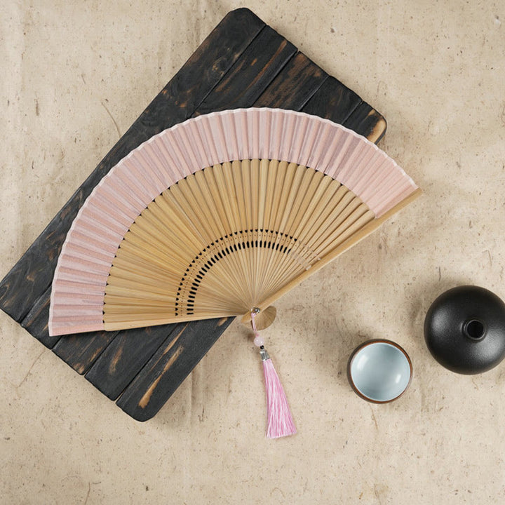 Buddha Stones Simple Cherry Flower Hollow Engraved Handheld Bamboo Folding Fan