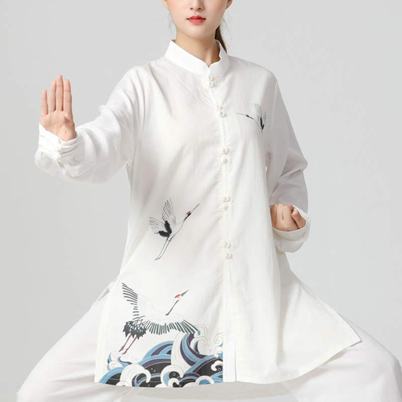 Buddha Stones White Crane Sea Cotton Linen Meditation Prayer Spiritual Zen Tai Chi Qigong Practice Clothing Set - 2Pcs(Top&Pants) - US8-10，UK/AU12-14，EU40-42 (2XL) - image 0