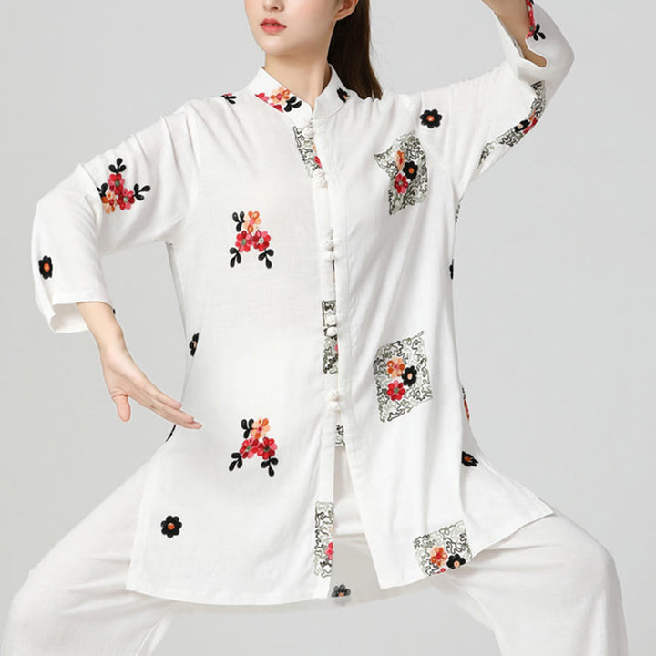 Buddha Stones Floral Print Meditation Prayer Spiritual Zen Tai Chi Qigong Practice Unisex Clothing Set