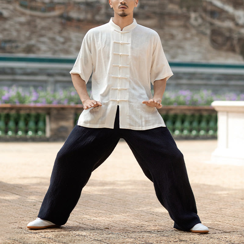 Buddha Stones Solid Color Frog-Button Meditation Prayer Spiritual Zen Tai Chi Qigong Practice Unisex Clothing Set - Men-White Top&Black Pants - XXL - image 9