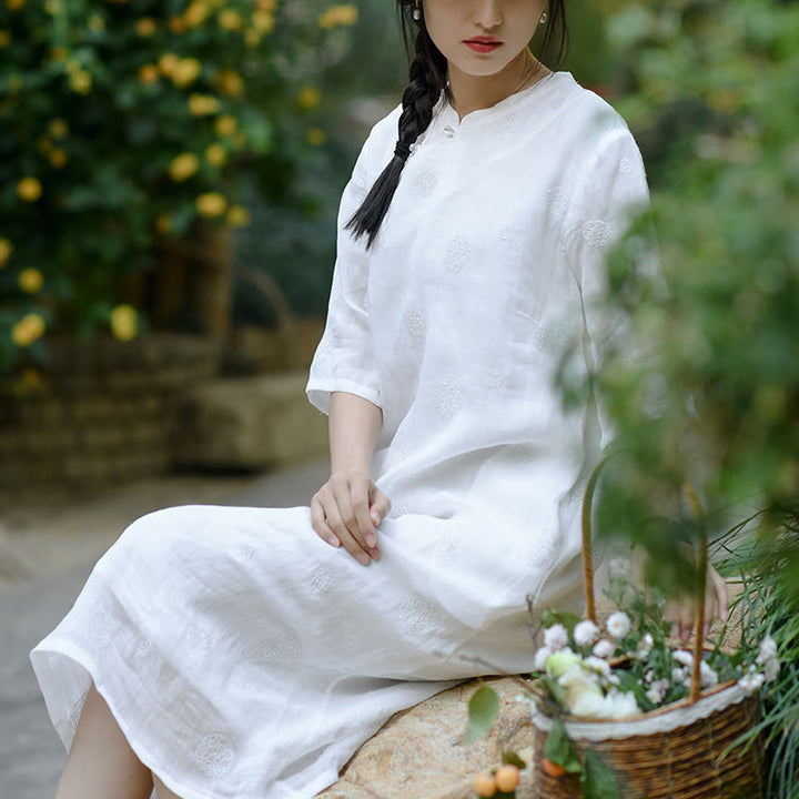 Buddha Stones Dandelion Flower Embroidery Half Sleeve Ramie Linen Chinese Cheongsam Midi Dress With Pockets