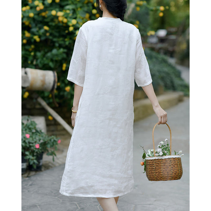 Buddha Stones Dandelion Flower Embroidery Half Sleeve Ramie Linen Chinese Cheongsam Midi Dress With Pockets