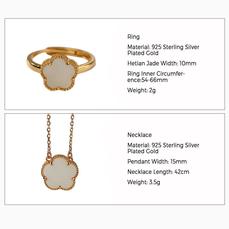 Buddha Stones 925 Sterling Silver Plated Gold Natural Hetian Jade Flower Luck Necklace Pendant Ring Set