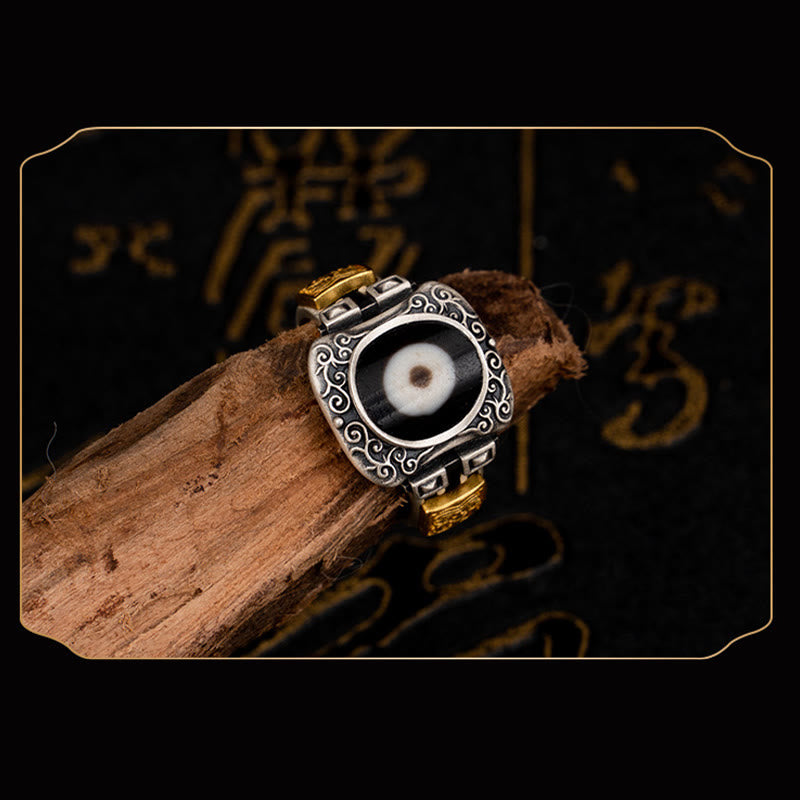 Buddha Stones 925 Sterling Silver Zakiram Goddess of Wealth Design Dzi Bead Protection Ring - image 8