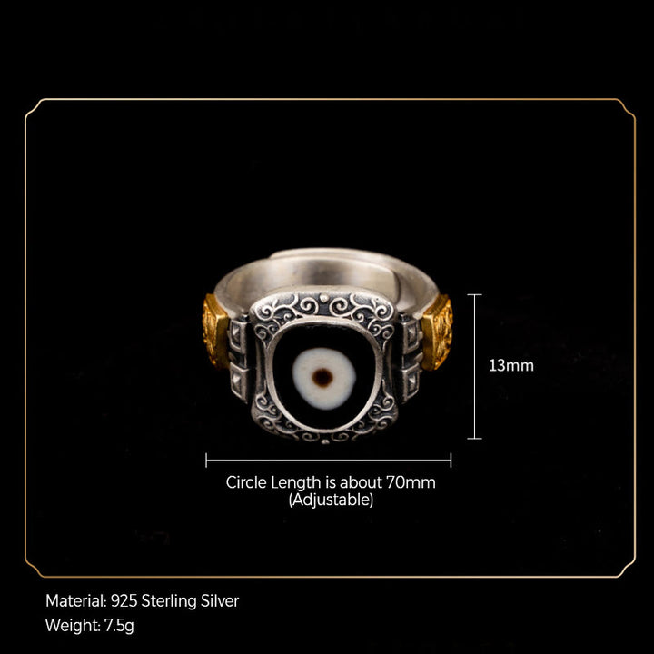 Buddha Stones 925 Sterling Silver Zakiram Goddess of Wealth Design Dzi Bead Protection Ring - image 11