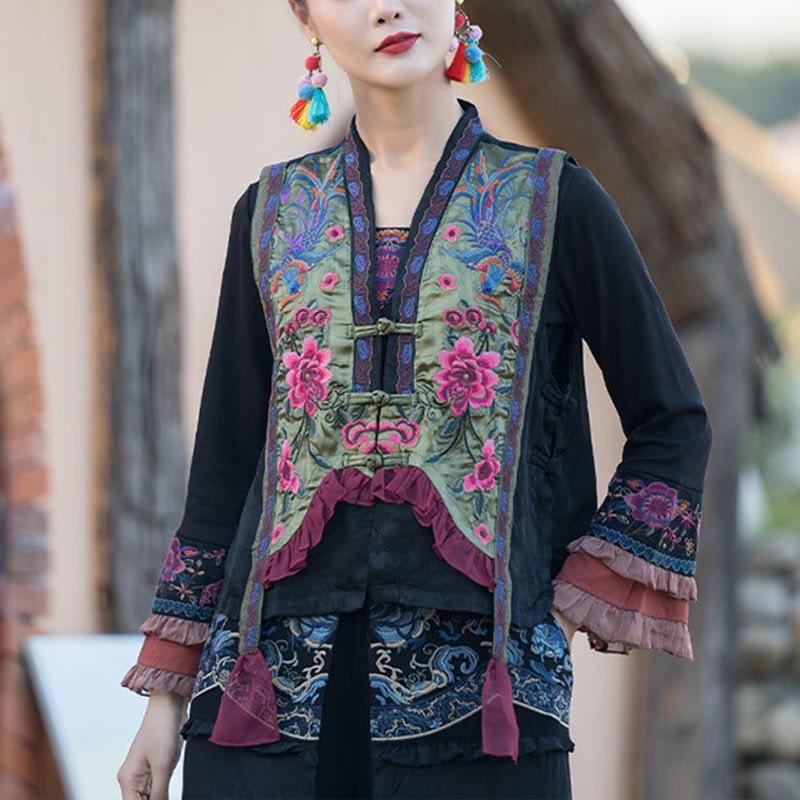 Buddha Stones Vintage Embroidery Flower Pattern Tang Suit Design Vest