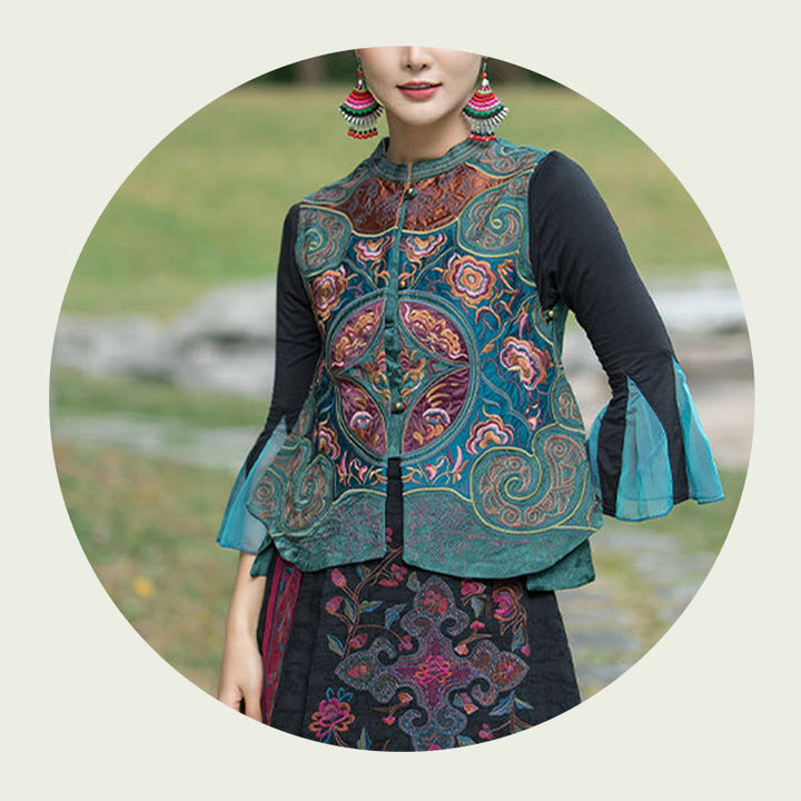 Buddha Stones Vintage Style Embroidery Flower Tang Suit Design Sleeveless Vest - image 8
