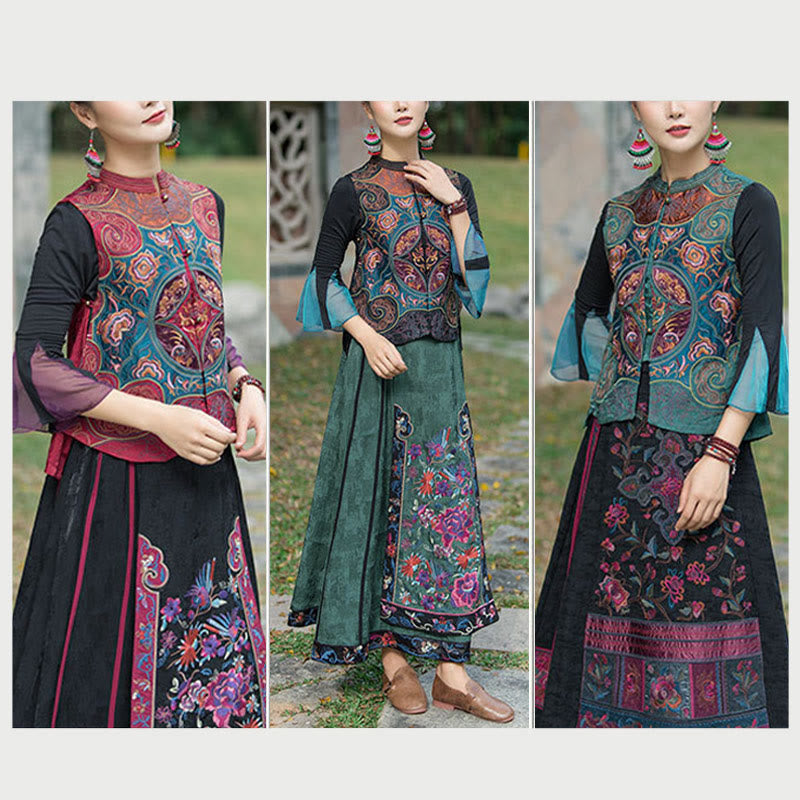 Buddha Stones Vintage Style Embroidery Flower Tang Suit Design Sleeveless Vest - image 29