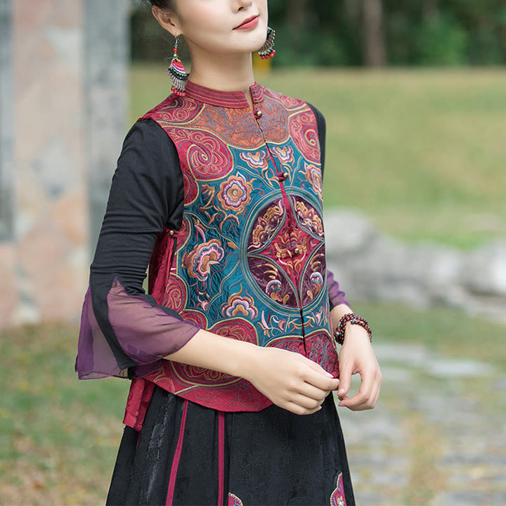 Buddha Stones Vintage Style Embroidery Flower Tang Suit Design Sleeveless Vest - image 18