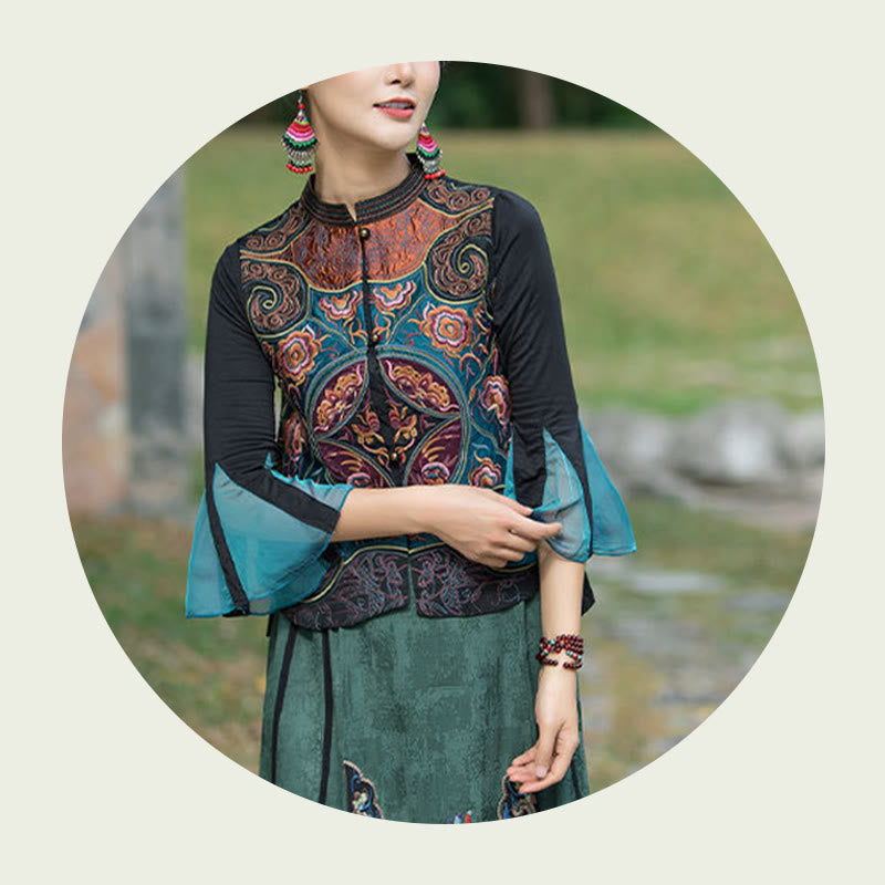 Buddha Stones Vintage Style Embroidery Flower Tang Suit Design Sleeveless Vest - image 16