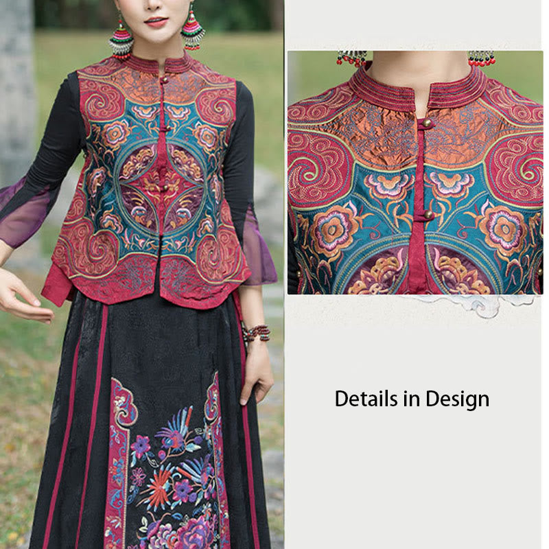 Buddha Stones Vintage Style Embroidery Flower Tang Suit Design Sleeveless Vest - image 25