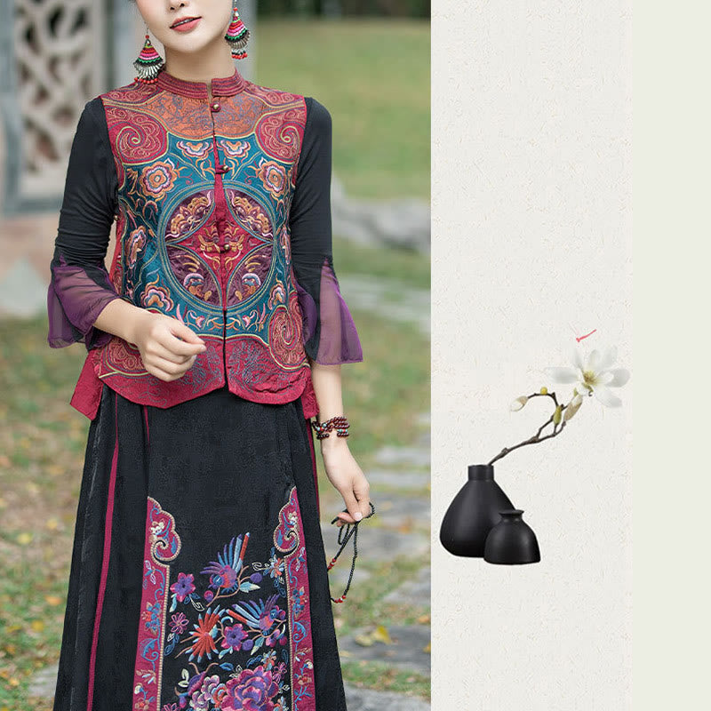 Buddha Stones Vintage Style Embroidery Flower Tang Suit Design Sleeveless Vest - image 27