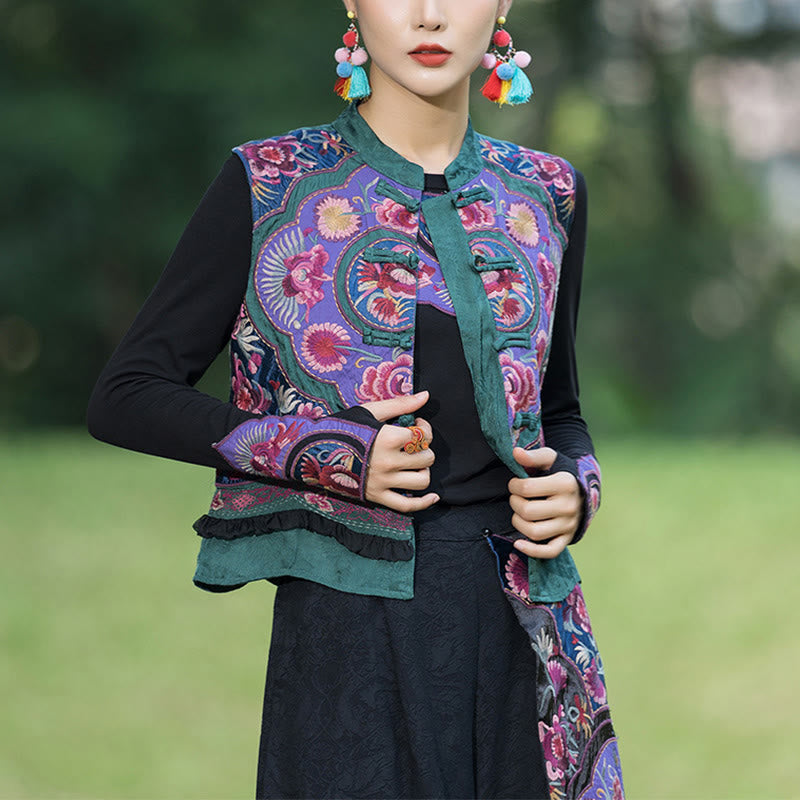 Buddha Stones Frog-Button Embroidery Flowers Cotton Linen Tang Suit Design Sleeveless Vest - image 1