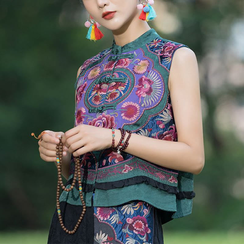 Buddha Stones Frog-Button Embroidery Flowers Cotton Linen Tang Suit Design Sleeveless Vest - image 4