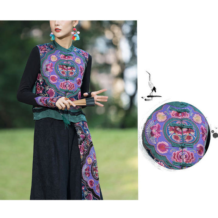 Buddha Stones Frog-Button Embroidery Flowers Cotton Linen Tang Suit Design Sleeveless Vest - image 9