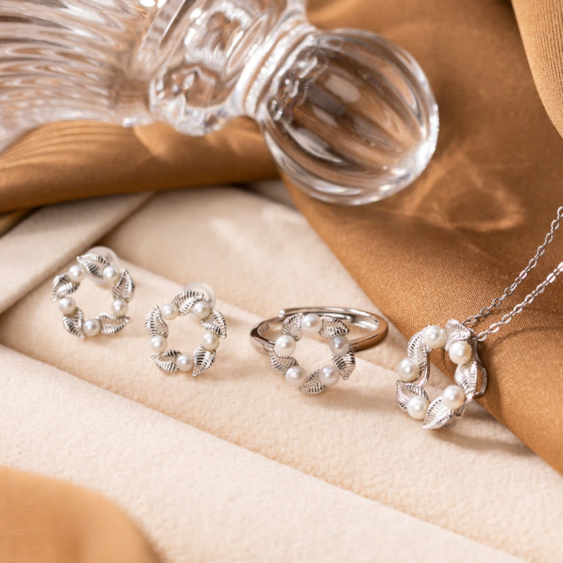 Buddha Stones 925 Sterling Silver Pearl Leaf Design Healing Wisdom Necklace Pendant Ring Earrings Set - 3Pcs(Necklace Earrings&Ring) - image 0