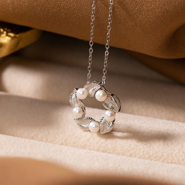 Buddha Stones 925 Sterling Silver Pearl Leaf Design Healing Wisdom Necklace Pendant Ring Earrings Set - Necklace - image 1