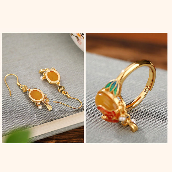 Buddha Stones 925 Sterling Silver Plated Gold Natural Amber Flower Pearl Confidence Ring Earrings Set