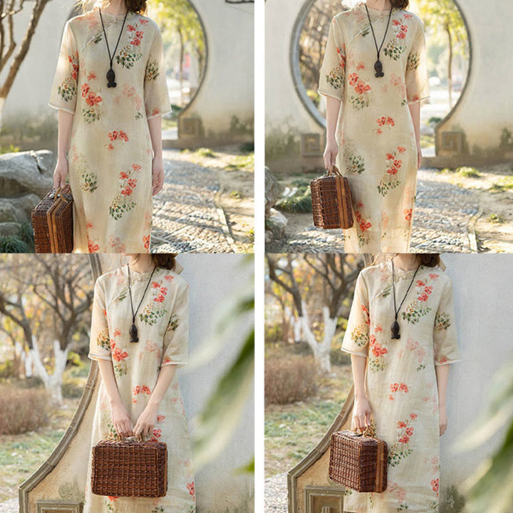 Buddha Stones Red Flower Green Leaves Print Half Sleeve Chinese Cheongsam Midi Dress With Pockets