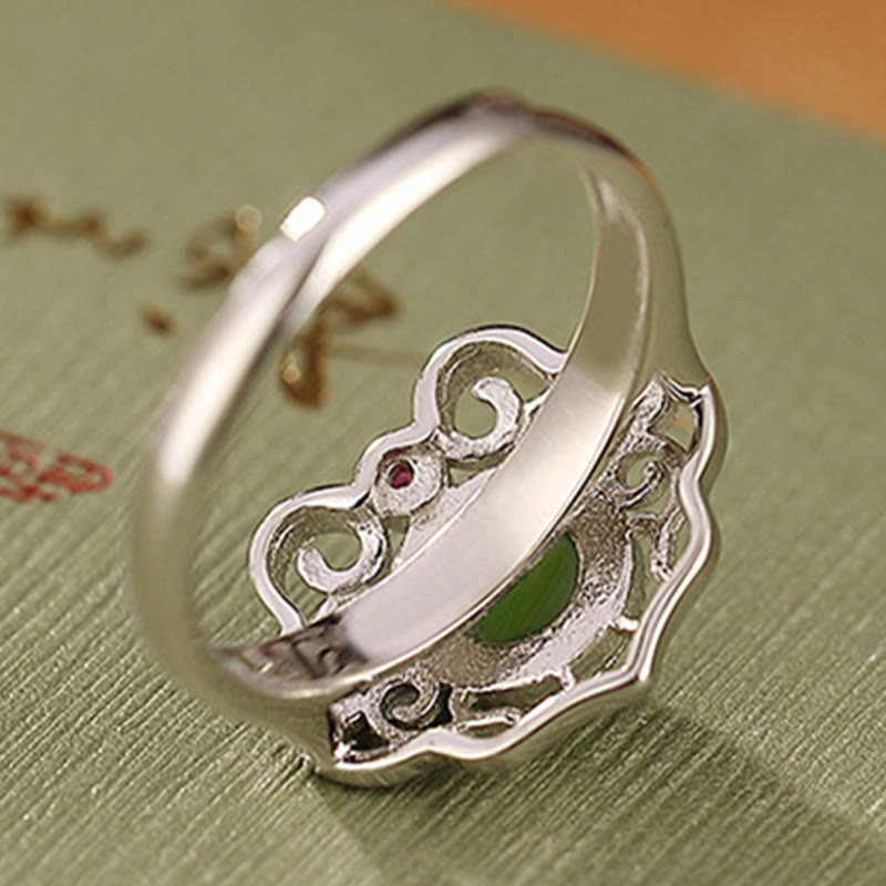 Buddha Stones 925 Sterling Silver Natural Hetian Cyan Jade Hollow Design Luck Ring Earrings Set