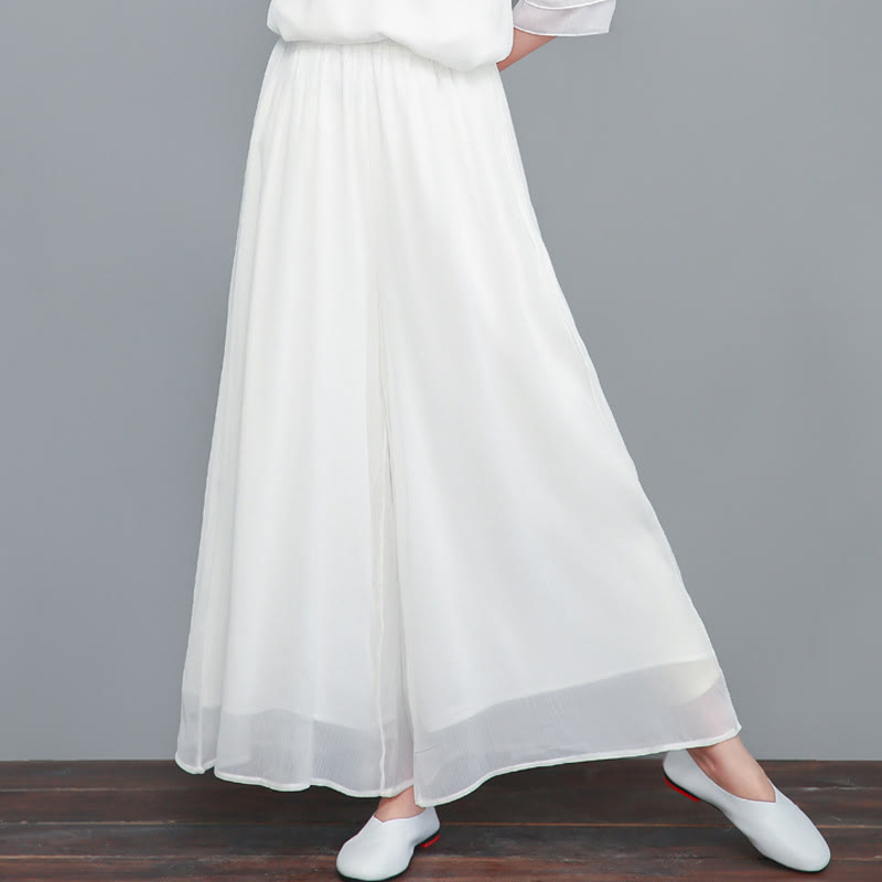 Buddha Stones Embroidery Chiffon Cheongsam Midi Dress Wide Leg Pants Meditation Zen Practice Clothing - White Pants Only - US8-10，UK/AU12-14，EU40-42 (2XL) - image 16
