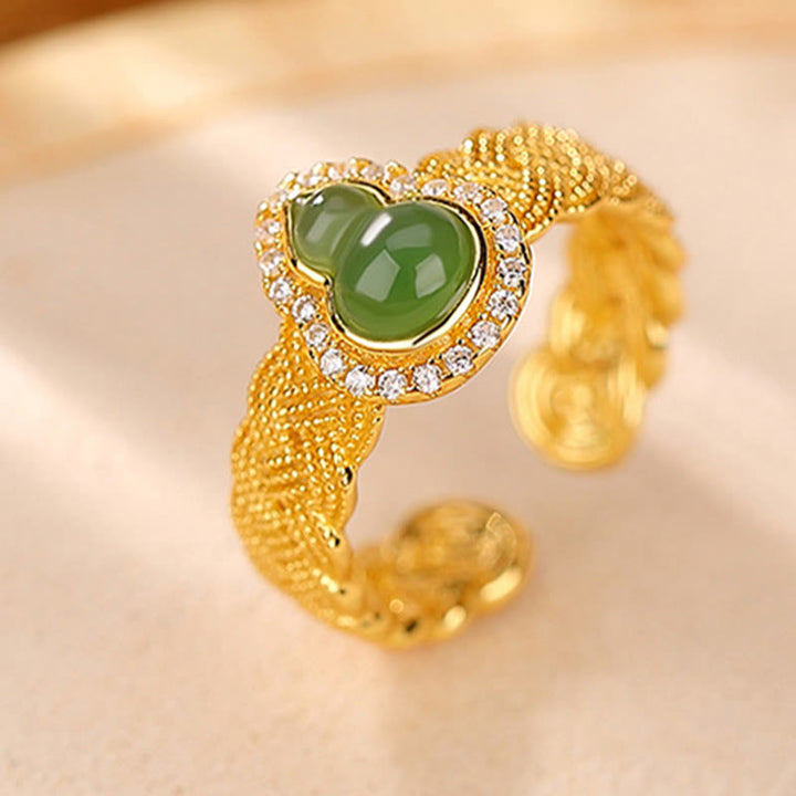 Buddha Stones 925 Sterling Silver Plated Gold Natural Hetian Cyan Jade Gourd Luck Bracelet Ring Set - image 4