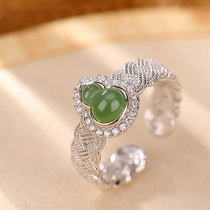 Buddha Stones 925 Sterling Silver Plated Gold Natural Hetian Cyan Jade Gourd Luck Bracelet Ring Set - image 12