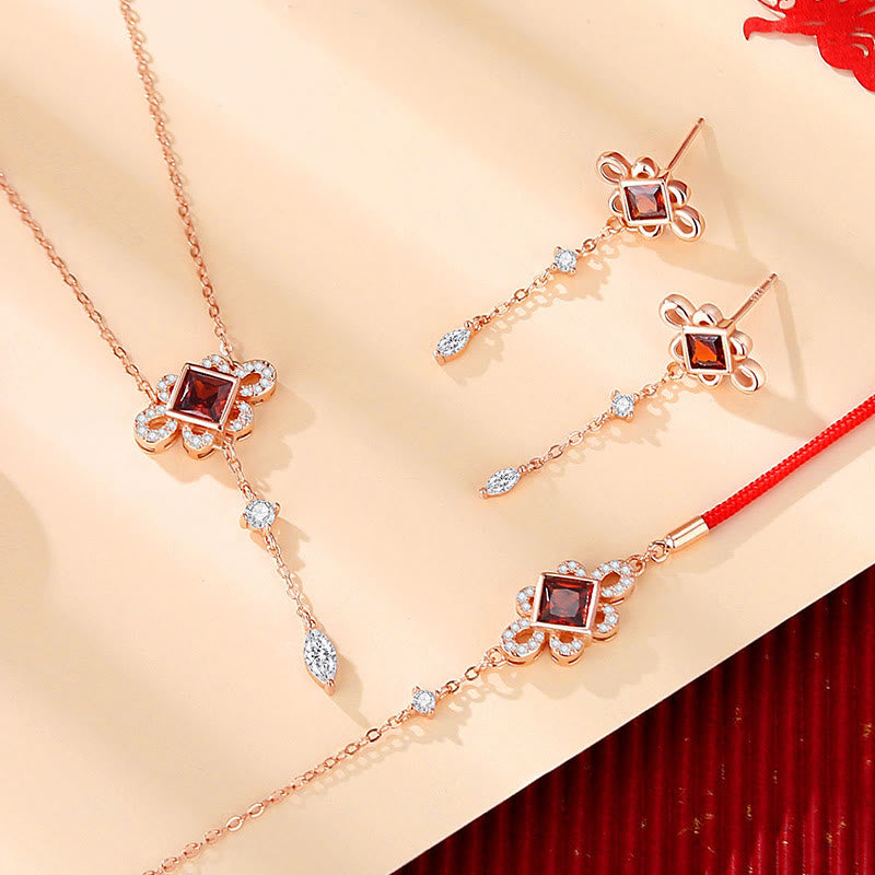 Buddha Stones 925 Sterling Silver Chinese Knotting Red Zircon Wealth Necklace Pendant Bracelet Earrings Set - 3Pcs(Bracelet Necklace&Earrings) - image 0