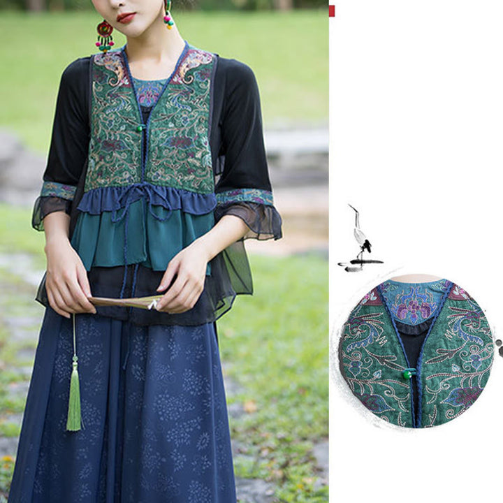 Buddha Stones Embroidery Flowers Bird Vine Design Cotton Linen Sleeveless Vest