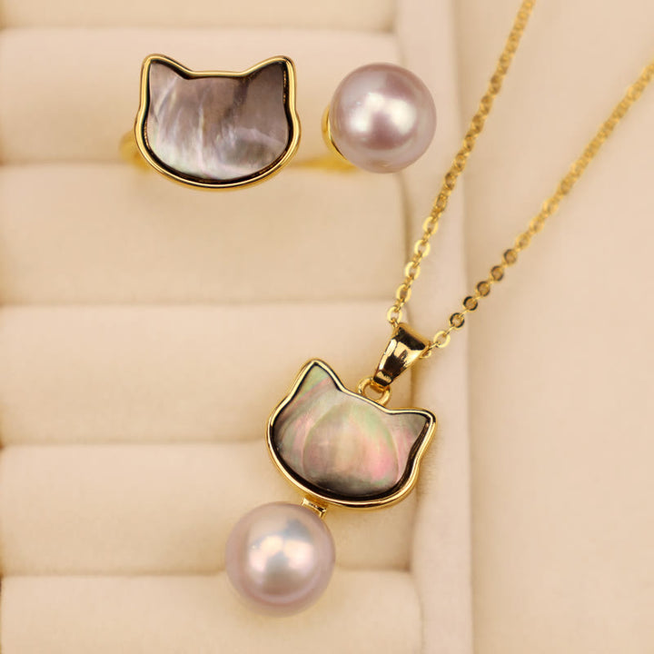 Buddha Stones Natural Pearl Copper Cat Healing Necklace Pendant Earrings - image 1