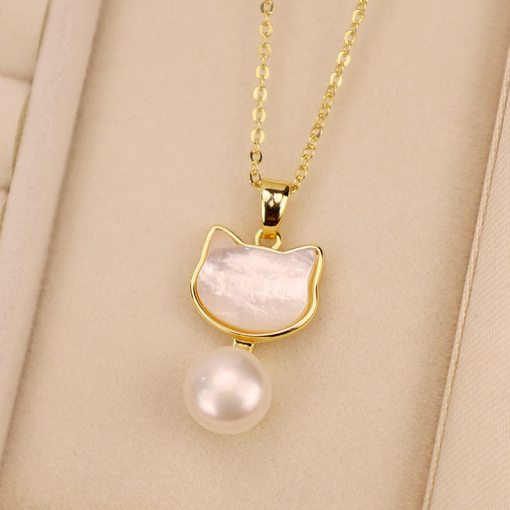 Buddha Stones Natural Pearl Copper Cat Healing Necklace Pendant Earrings - White-Necklace(Necklace Length: 40cm) - image 10