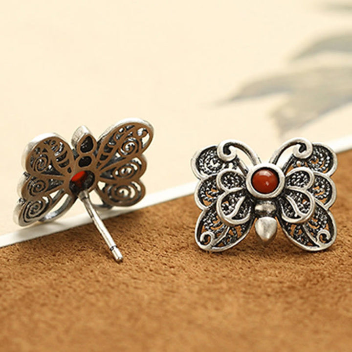 Buddha Stones 925 Sterling Silver Red Agate Butterfly Self-acceptance Ring Earrings Set