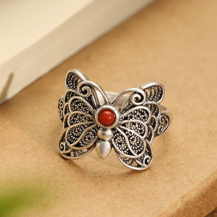 Buddha Stones 925 Sterling Silver Red Agate Butterfly Self-acceptance Ring Earrings Set