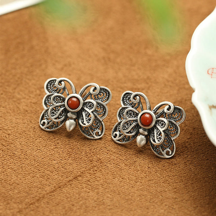 Buddha Stones 925 Sterling Silver Red Agate Butterfly Self-acceptance Ring Earrings Set