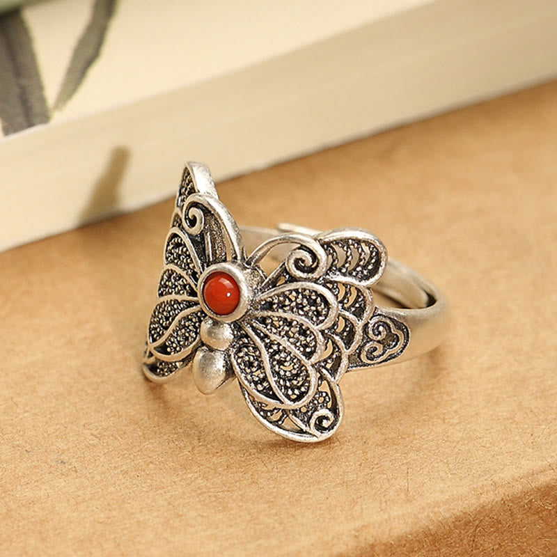 Buddha Stones 925 Sterling Silver Red Agate Butterfly Self-acceptance Ring Earrings Set