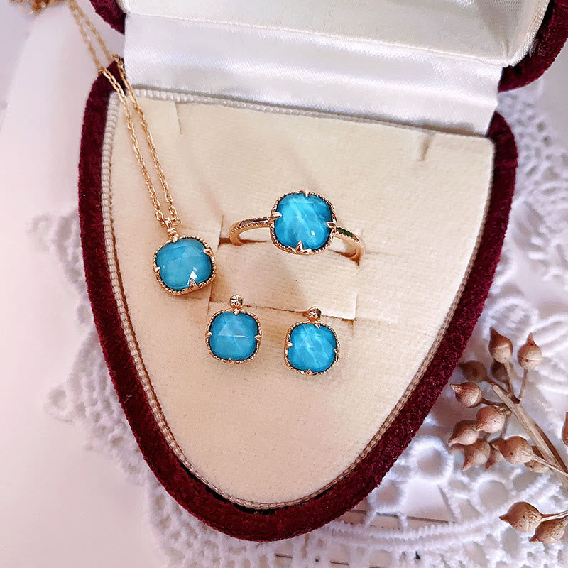 Buddha Stones 925 Sterling Silver Plated Gold Turquoise Protection Ring Earrings Necklace Pendant Set