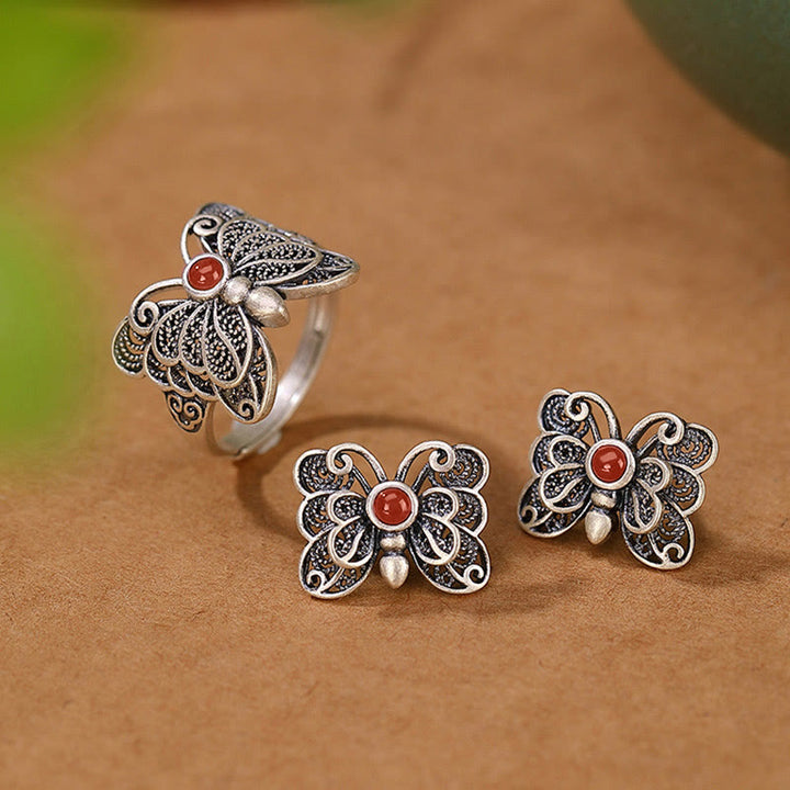 Buddha Stones 925 Sterling Silver Red Agate Butterfly Self-acceptance Ring Earrings Set