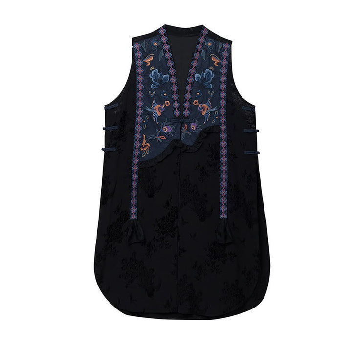 Buddha Stones Jacquard Flowers Birds Embroidery Design Long Sleeveless Vest