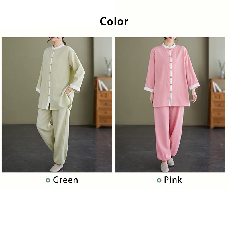 Buddha Stones 2Pcs Vintage Long Sleeve Shirt Top Pants Meditation Zen Tai Chi Cotton Linen Clothing Women's Set