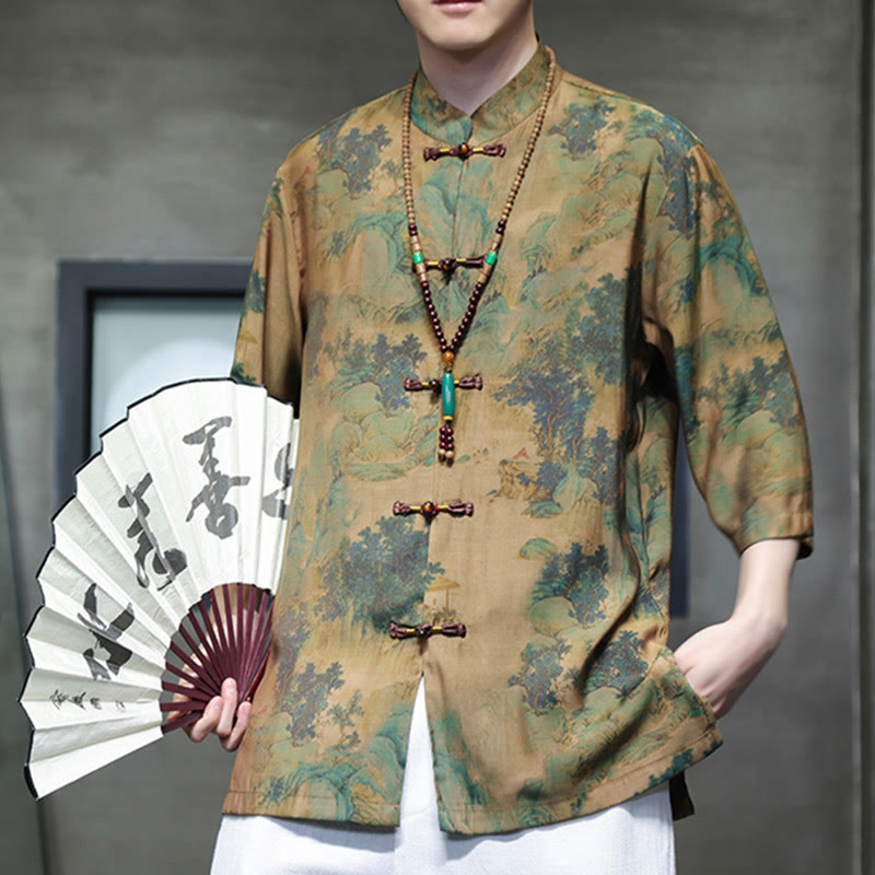 Buddha Stones Landscape Chinese Dragon Pattern Chinese Three Quarter Sleeve Shirt Men T-shirt - image 3