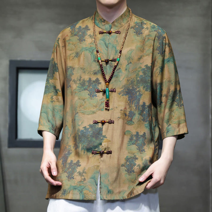 Buddha Stones Landscape Chinese Dragon Pattern Chinese Three Quarter Sleeve Shirt Men T-shirt - image 6