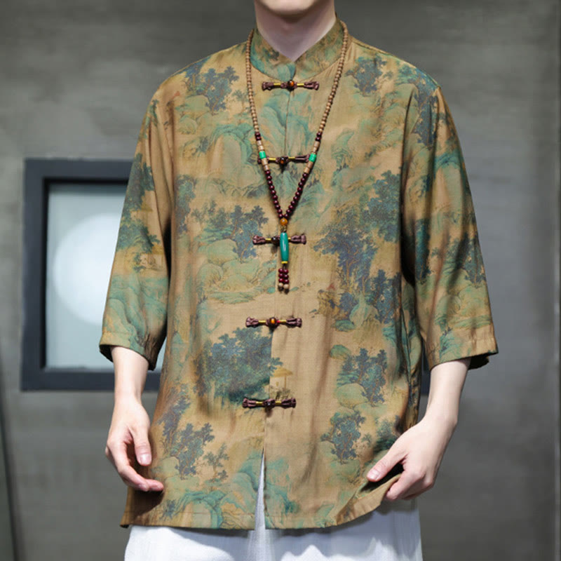 Buddha Stones Landscape Chinese Dragon Pattern Chinese Three Quarter Sleeve Shirt Men T-shirt - image 6