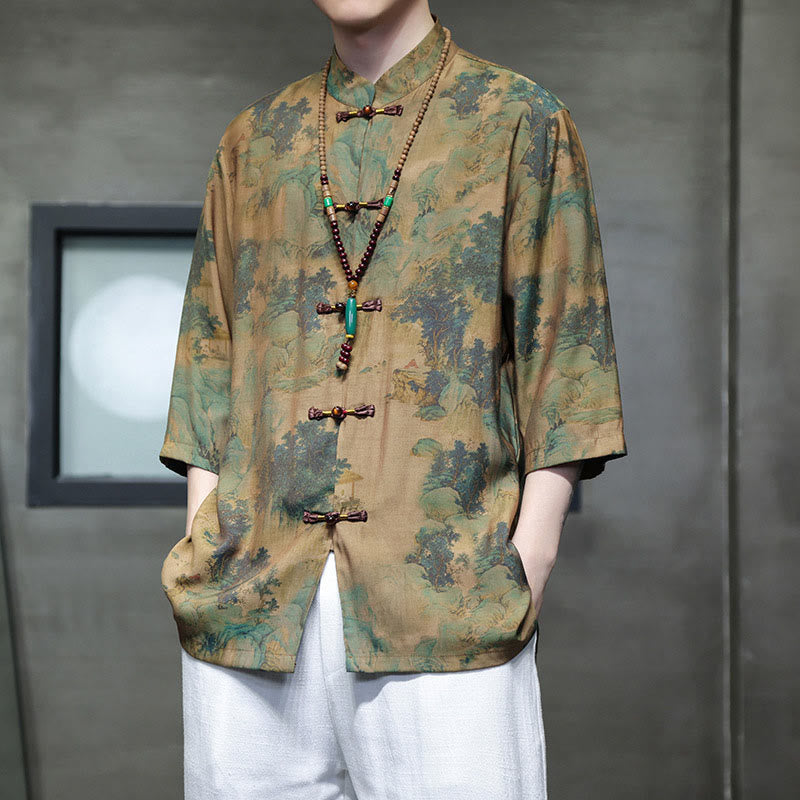 Buddha Stones Landscape Chinese Dragon Pattern Chinese Three Quarter Sleeve Shirt Men T-shirt - image 8